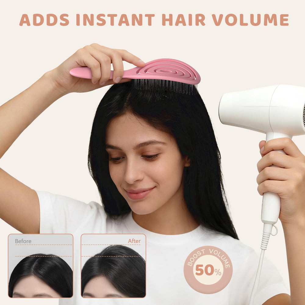 SHINLEA Detangle Brush pink in-use during blow-drying for faster styling