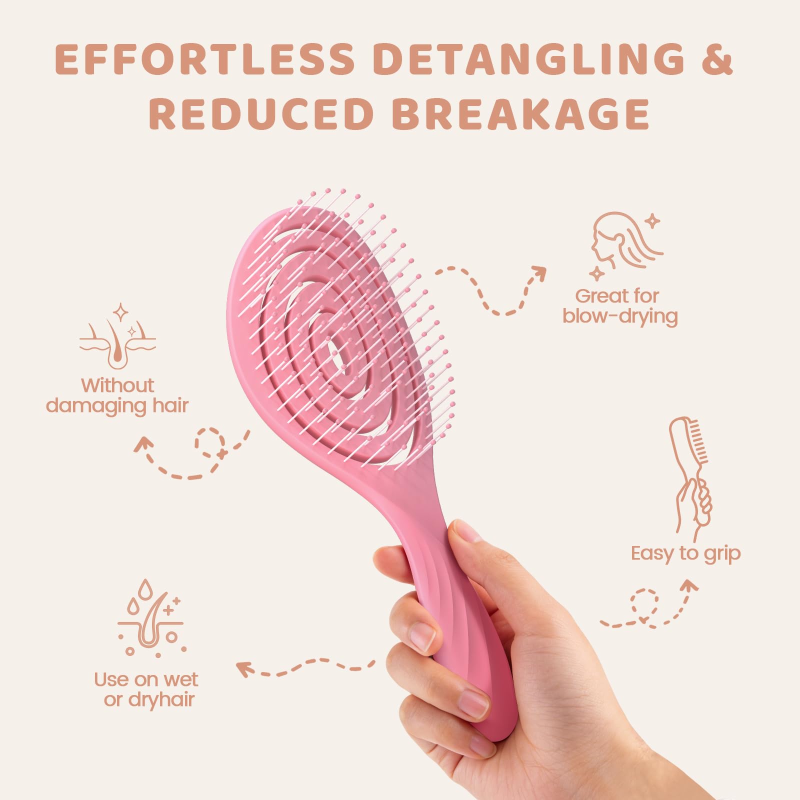 SHINLEA Detangle Hair Brush pink side view with ergonomic grip for comfortable styling