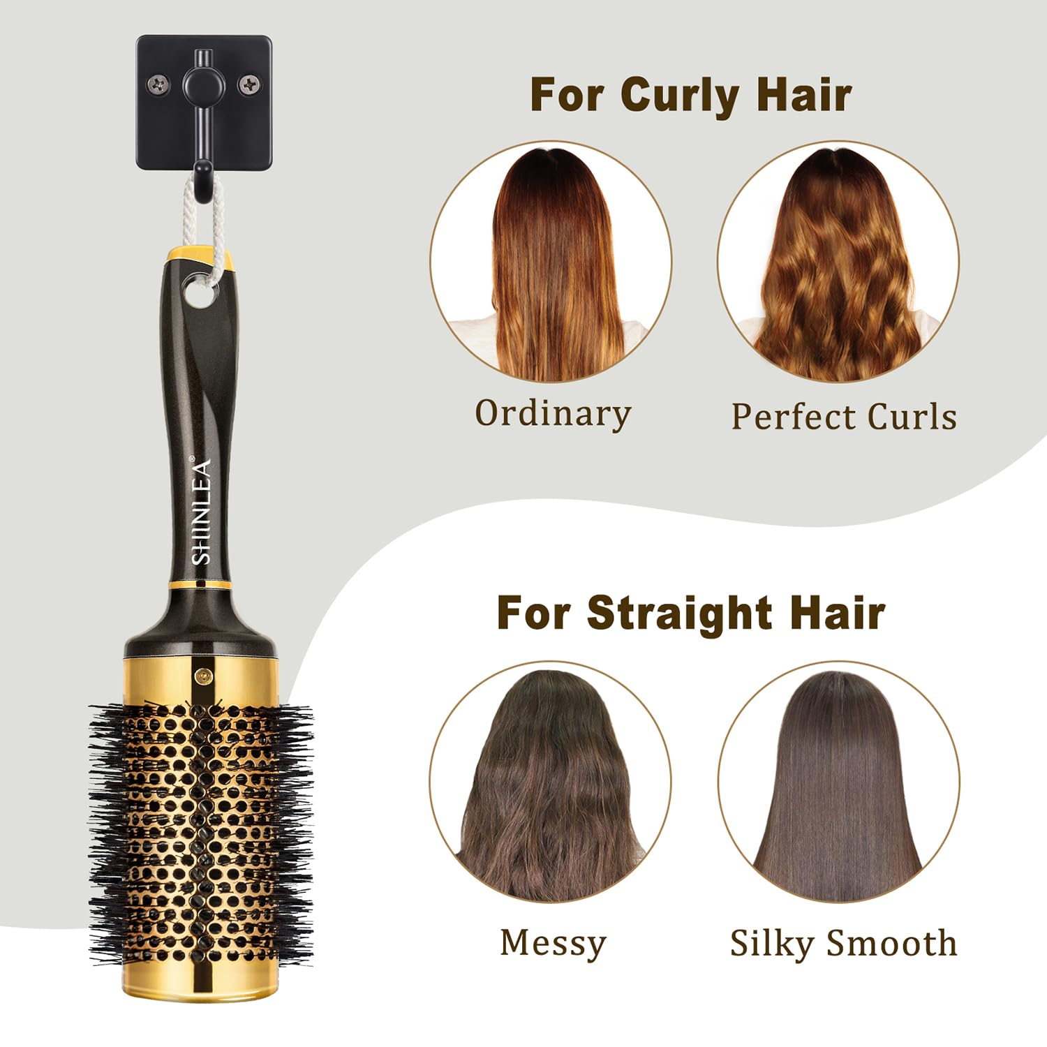 SHINLEA round brush smooths frizz and adds volume for straight or curly looks