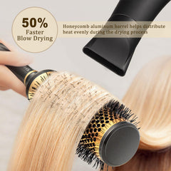 SHINLEA round hair brush aids styling and detangling during drying sessions.
