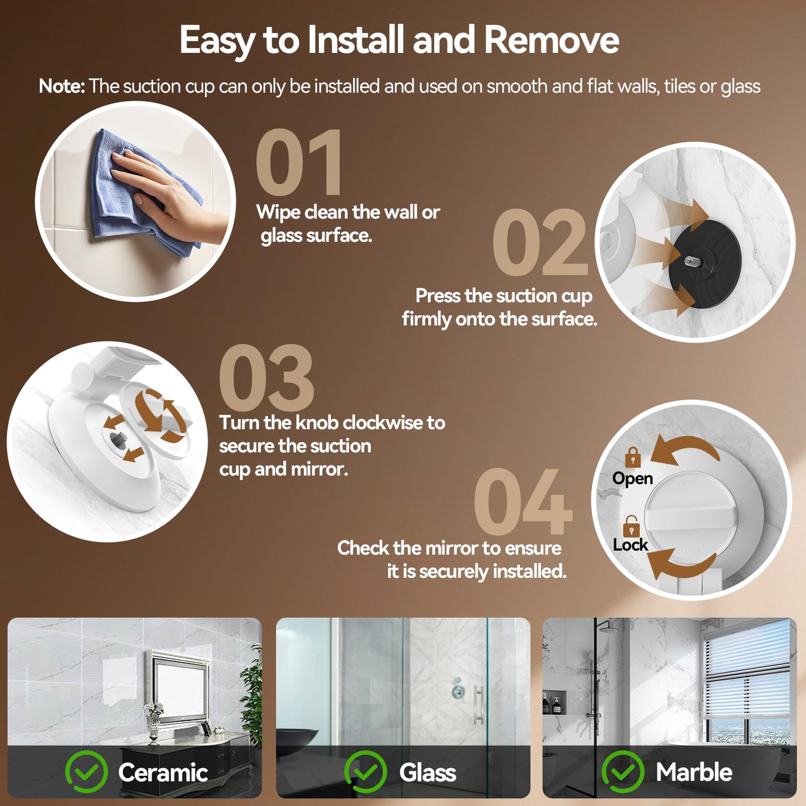 Shinowa suction-cup mount keeps the mirror secure on smooth surfaces