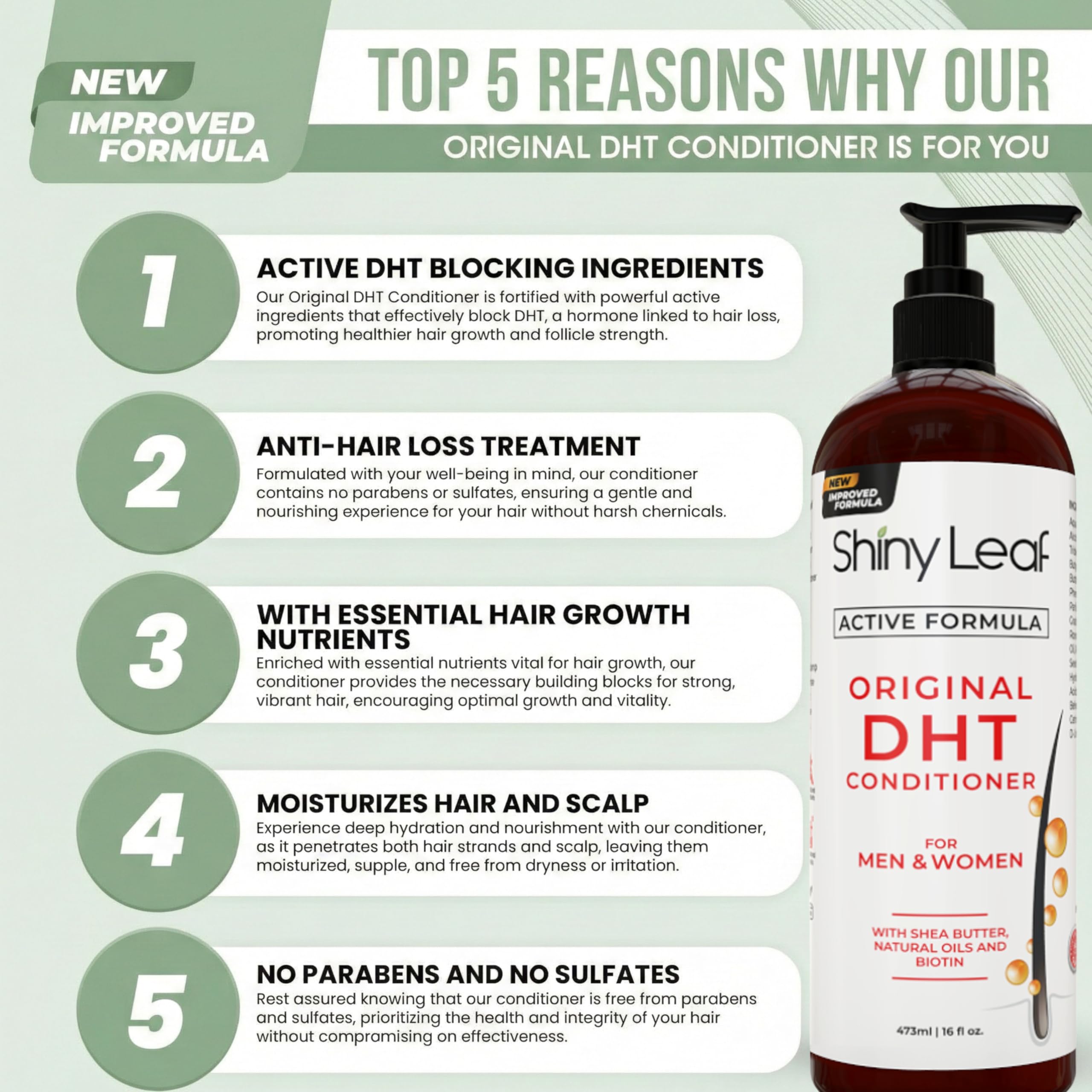 Shiny Leaf DHT Blocker Condicionador, etiqueta de ingredientes destaca biotina y aceite de romero.