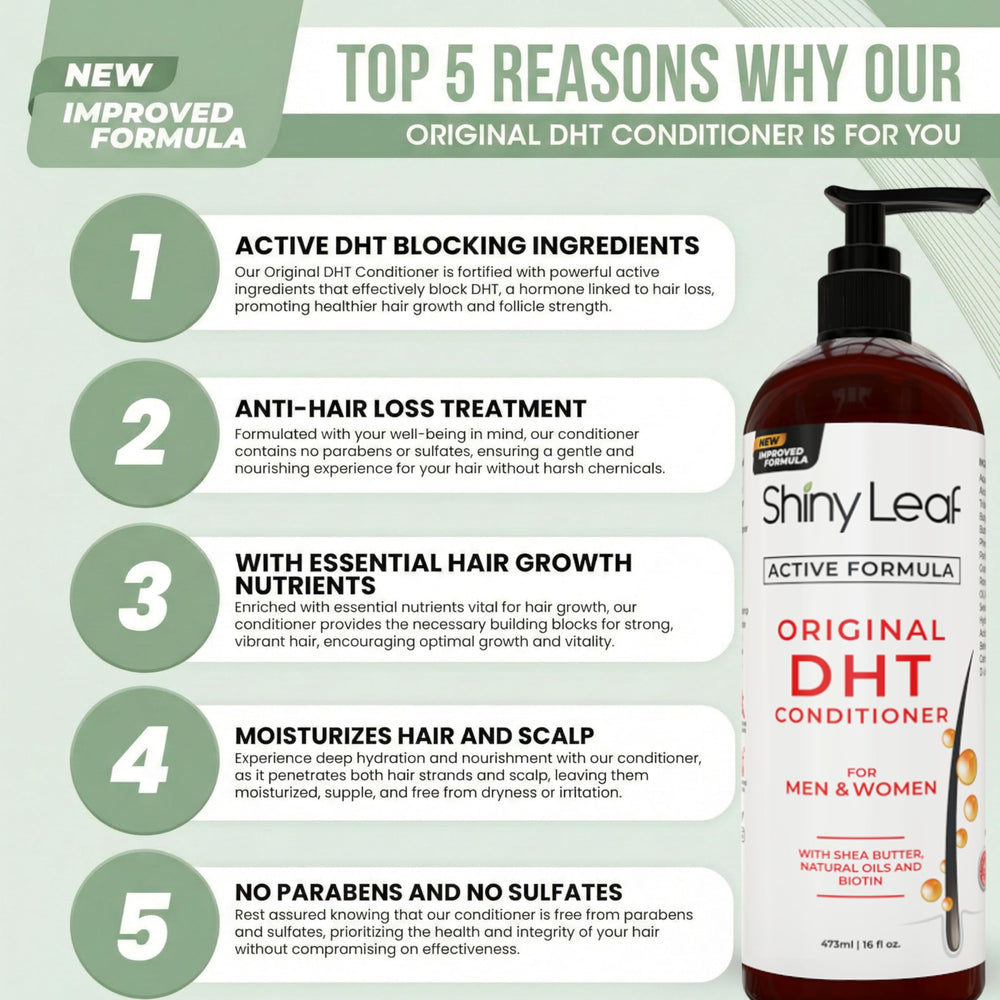 Shiny Leaf DHT Blocker Condicionador, etiqueta de ingredientes destaca biotina y aceite de romero.