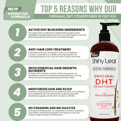 Shiny Leaf DHT Blocker Condicionador, etiqueta de ingredientes destaca biotina y aceite de romero.