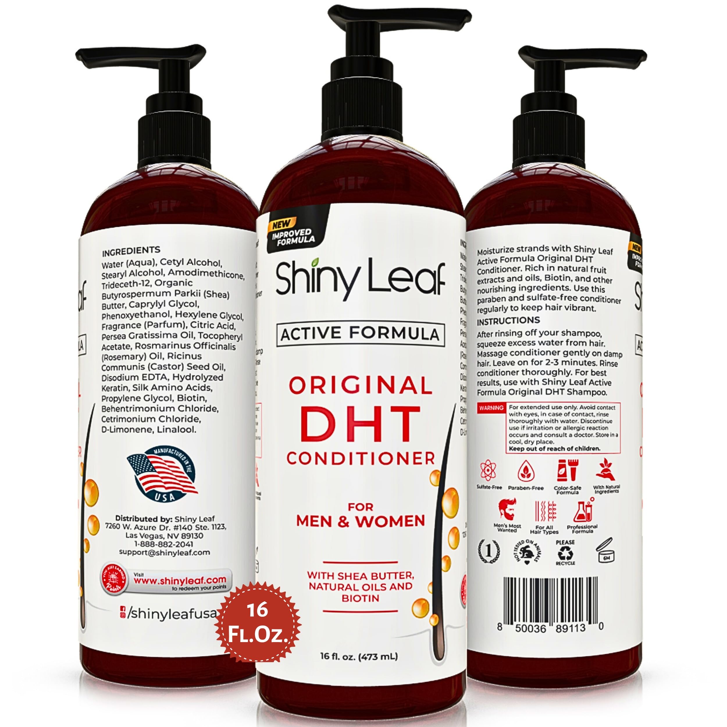 Shiny Leaf DHT Blocker Condicionador, cabello más manejable tras lavado.