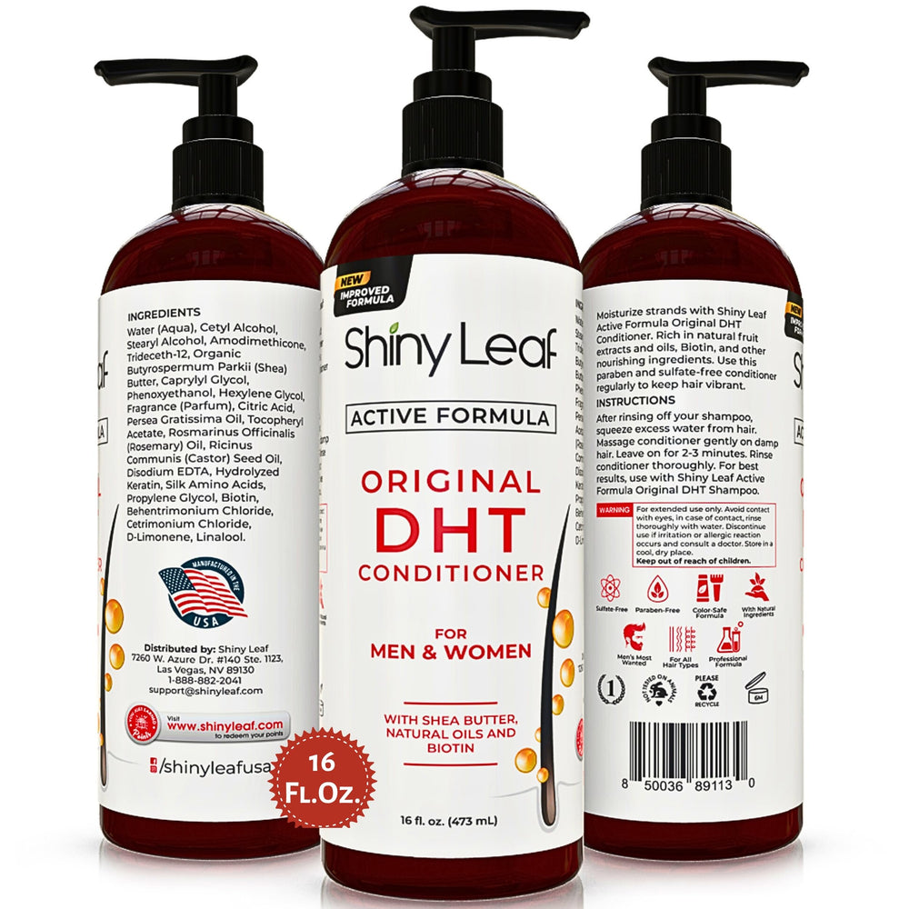 Shiny Leaf DHT Blocker Condicionador, cabello más manejable tras lavado.