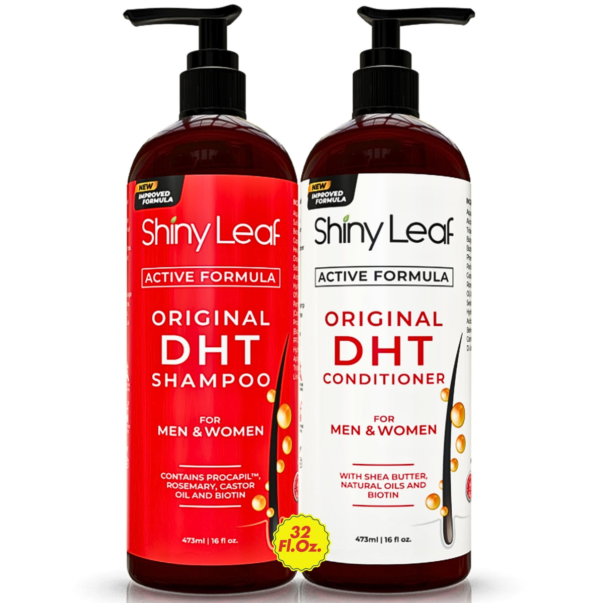 Shiny Leaf DHT Blocker Shampoo bottle pour showing daily scalp care benefits