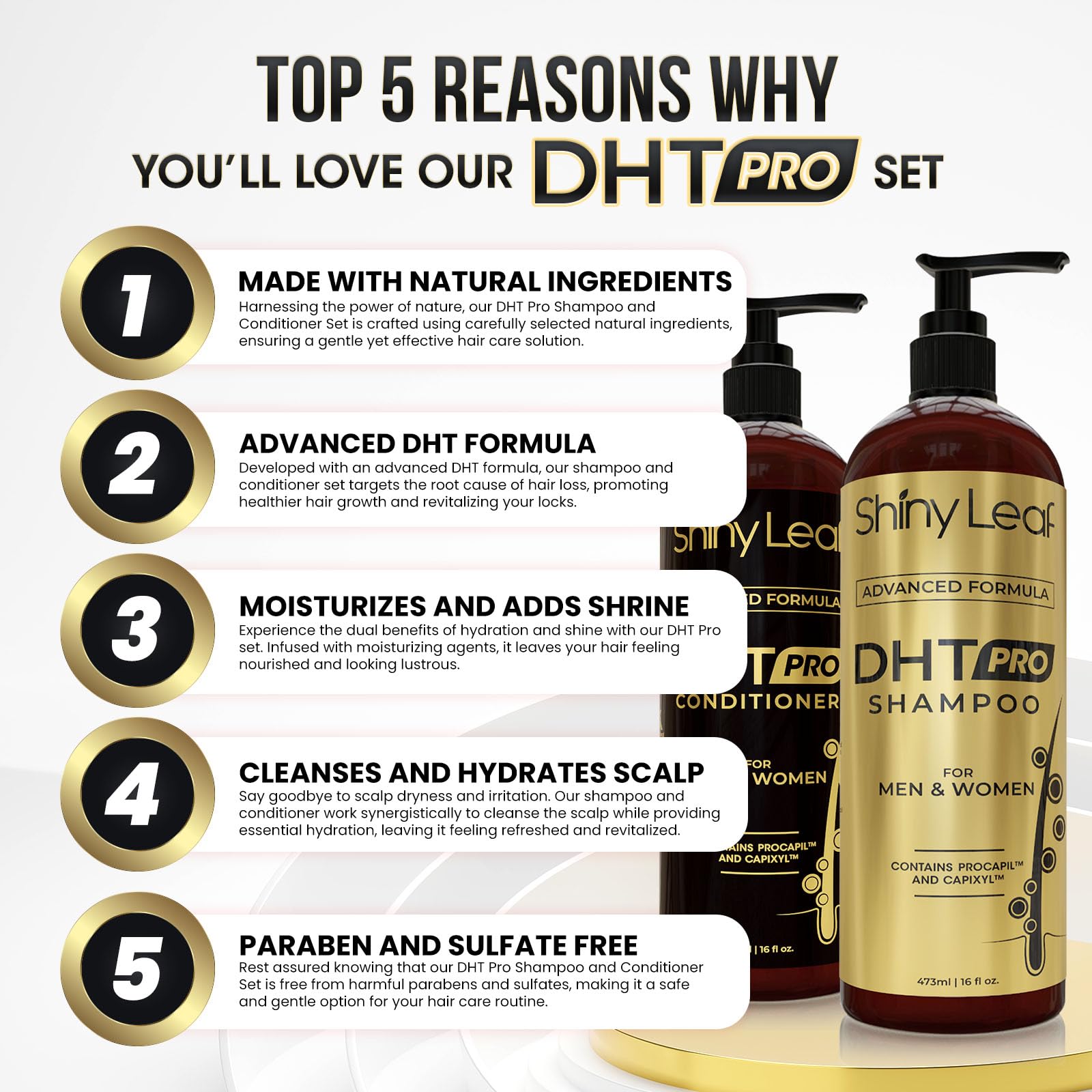 Shiny Leaf DHT Pro Conditioner bottle providing detangling and smoothing for all hair types.
