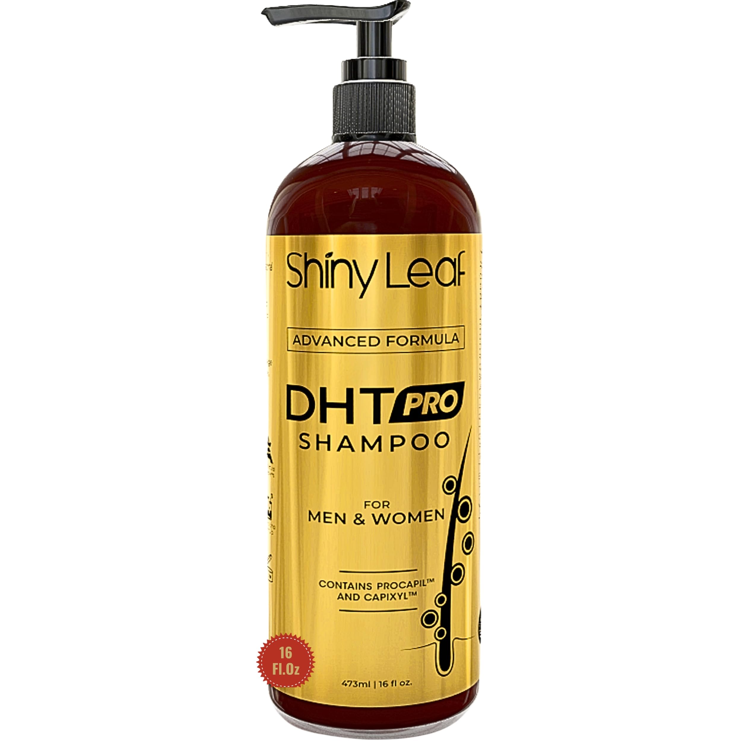 Shiny Leaf DHT Pro Shampoo bottle-front emphasizing advanced formula for thinning hair