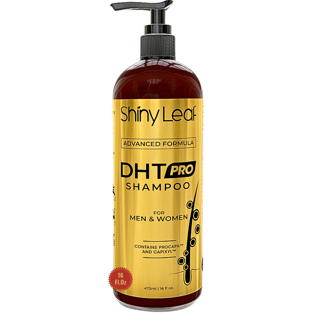 Shiny Leaf DHT Pro Shampoo bottle-front emphasizing advanced formula for thinning hair