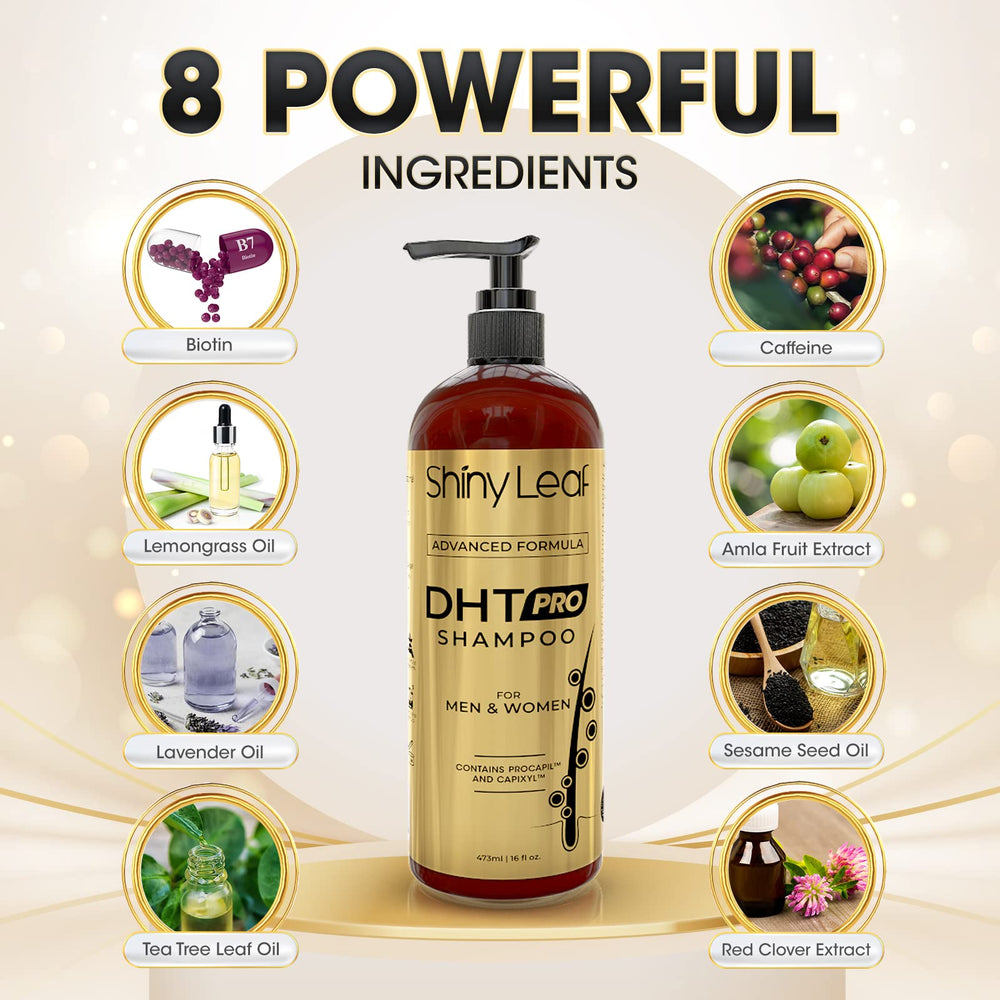 Shiny Leaf DHT Pro Shampoo ingredients-compact shows natural extracts and essential oils for daily nourishment