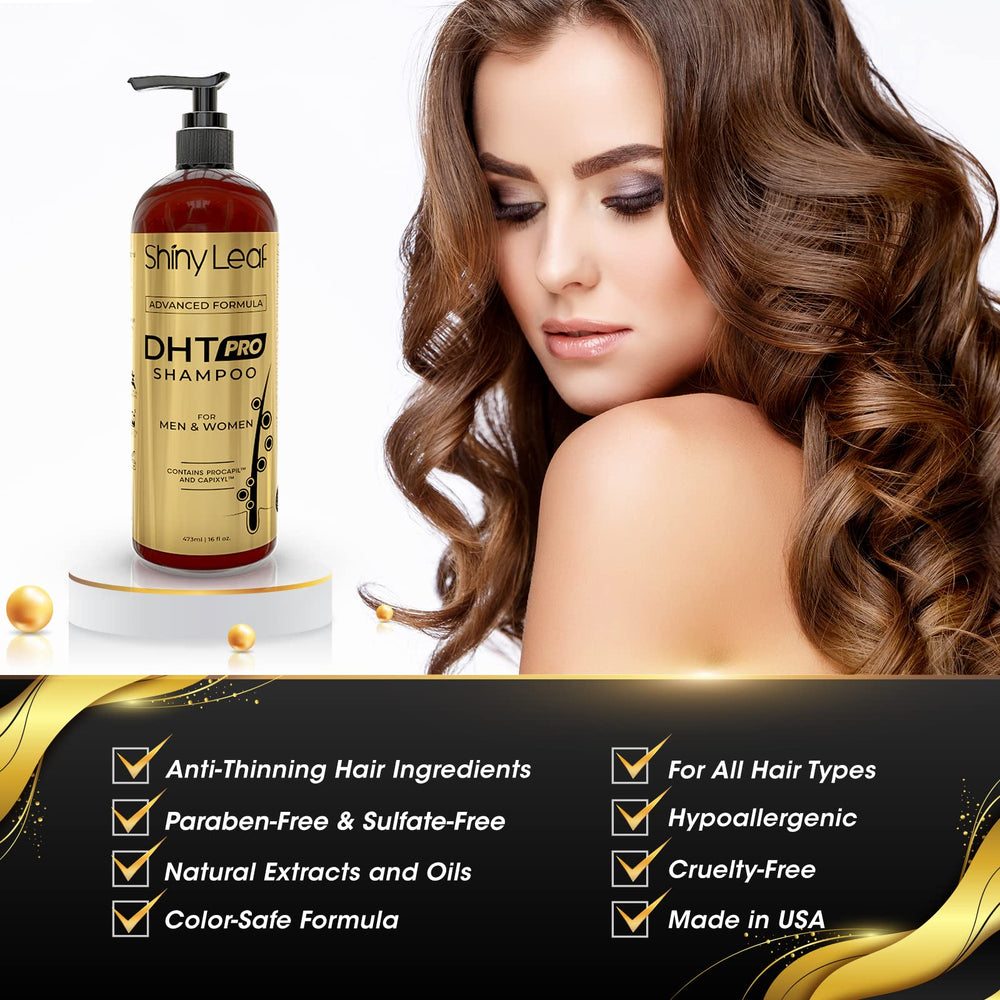Shiny Leaf DHT Pro Shampoo-packaging image highlights free-from parabens and sulfates