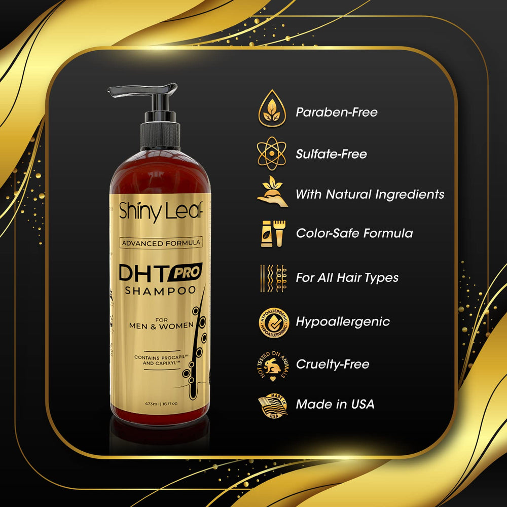 Shiny Leaf DHT Pro Shampoo-claim badge mentions DHT blockers for scalp support