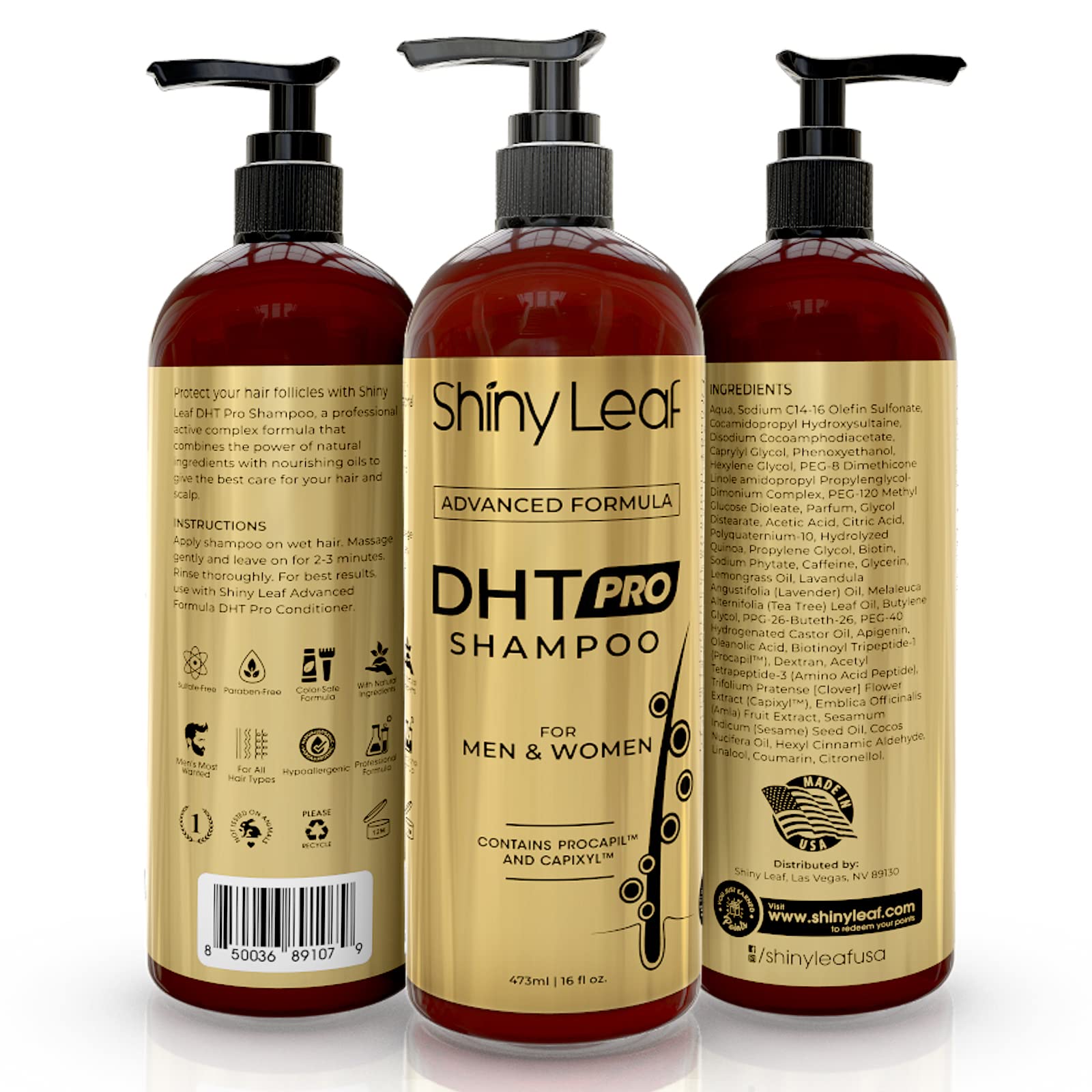 Shiny Leaf DHT Pro Shampoo-hero shot on sink promotes easy daily wash