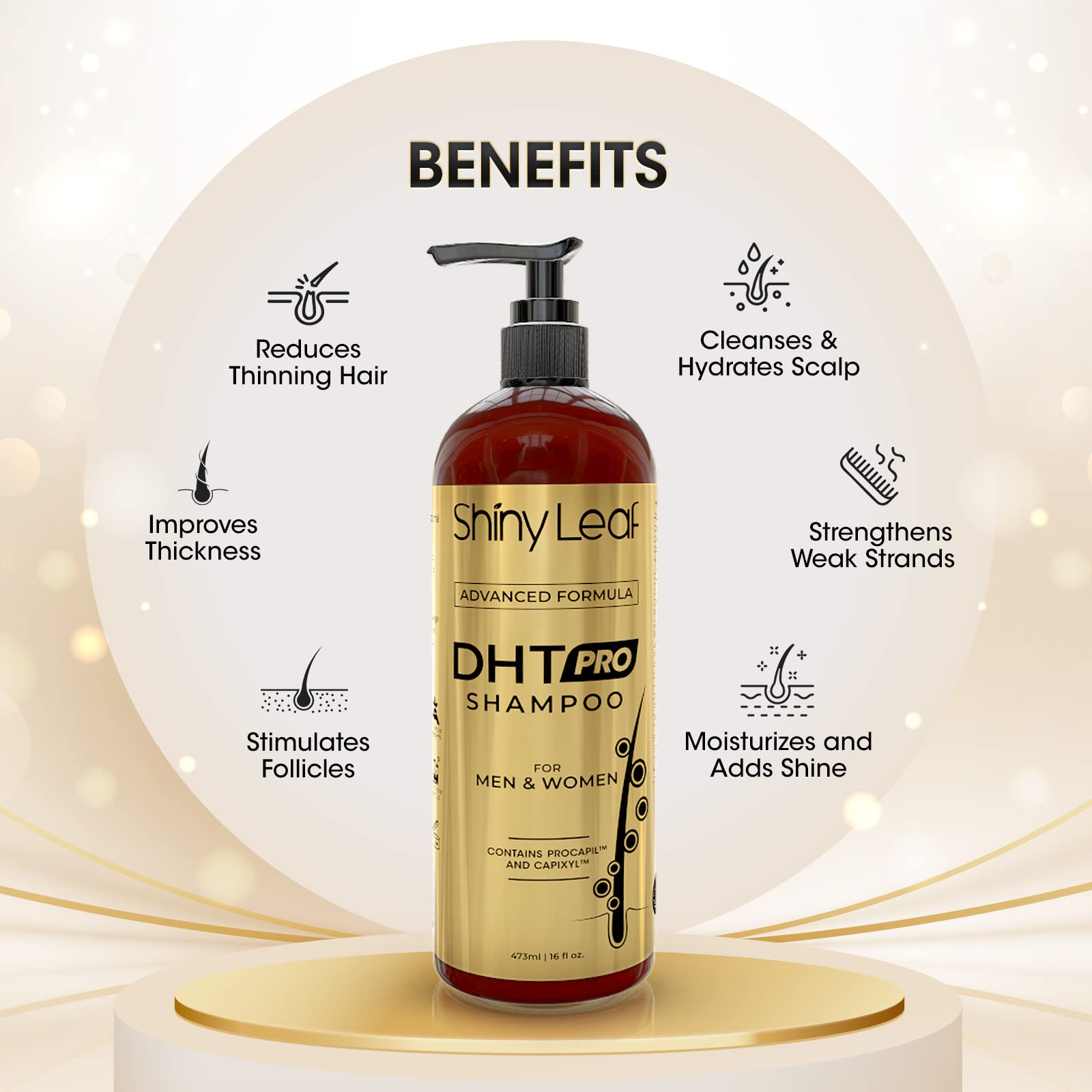 Shiny Leaf DHT Pro depiction addressing thinning hair in daily routine.