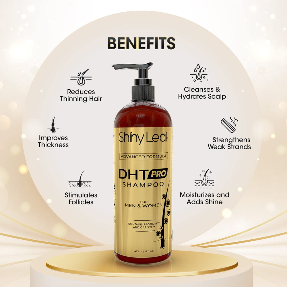 Shiny Leaf DHT Pro depiction addressing thinning hair in daily routine.