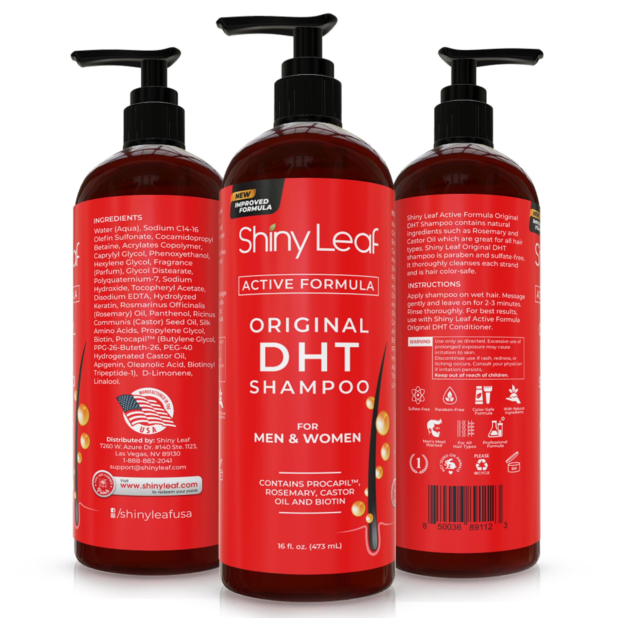 Shiny Leaf packaging display — easy, mess-free pump for quick wash.