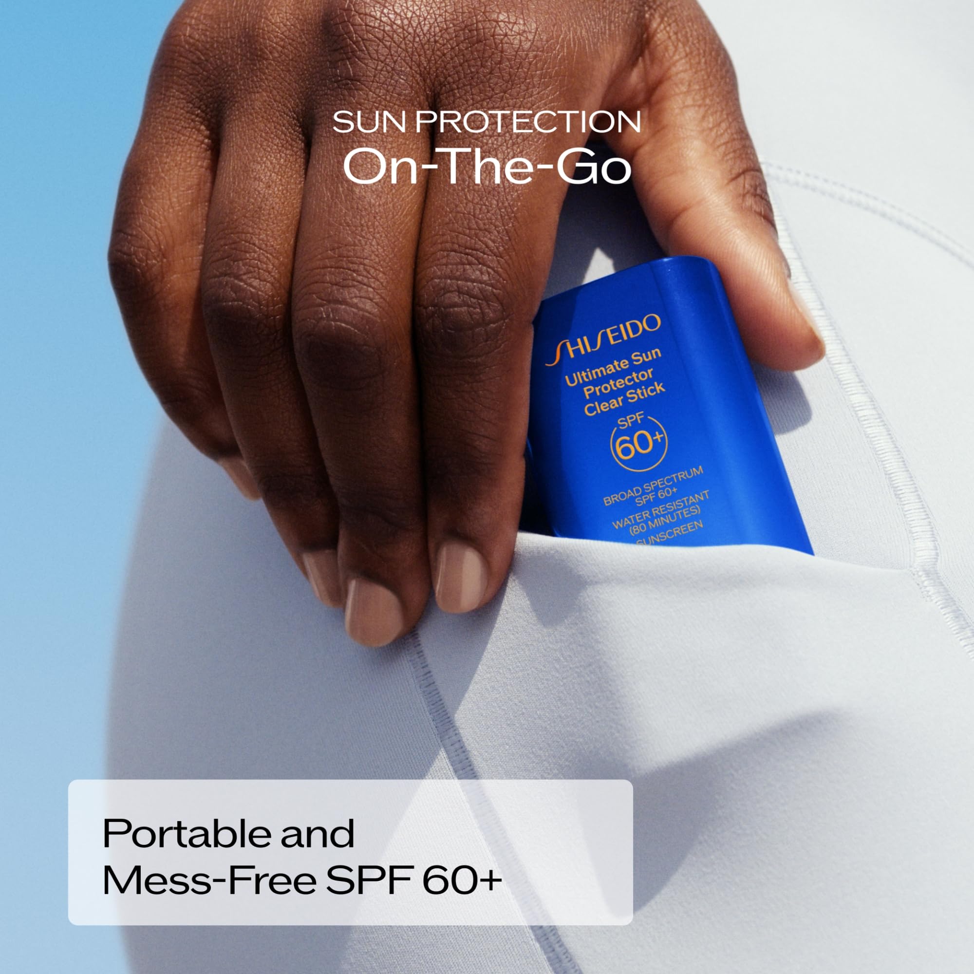 Shiseido Ultimate Sun Protector Clear Stick texture with licorice extract and argan oil for hydration.
