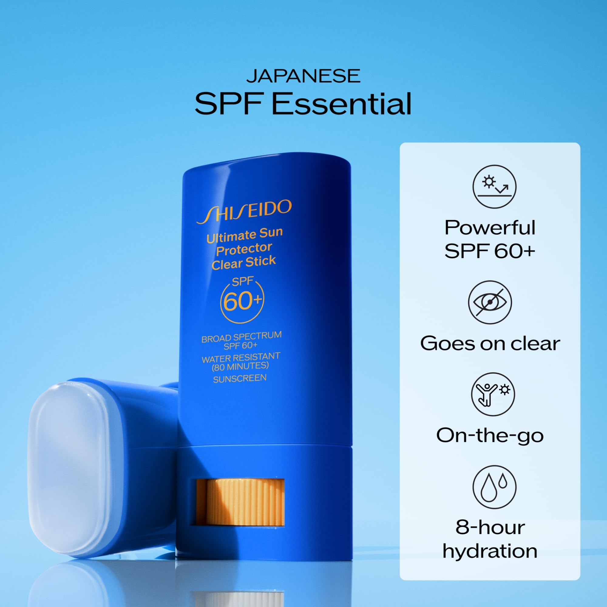 Packaging image showing Shiseido Ultimate Sun Protector Clear Stick for on-the-go use.