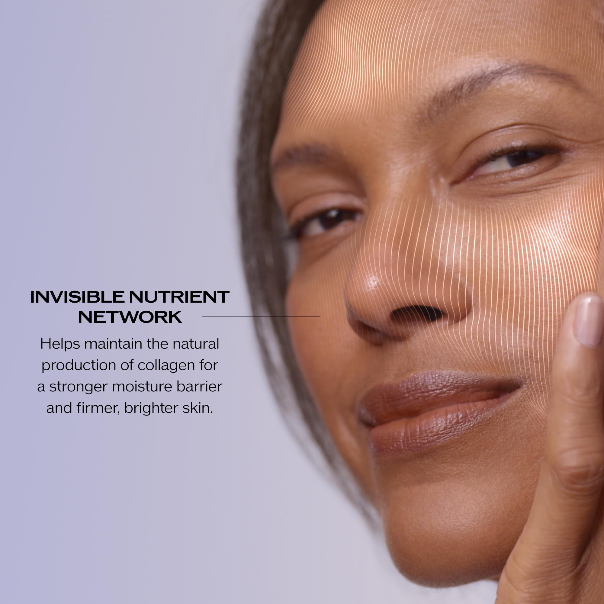 Cheek and forehead motion demonstrates lifting, firming motion with the cream.
