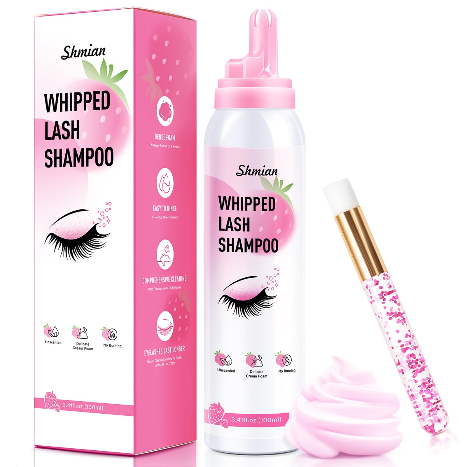 Shmian whipped lash shampoo bottle with rich foam for quick cleansing.