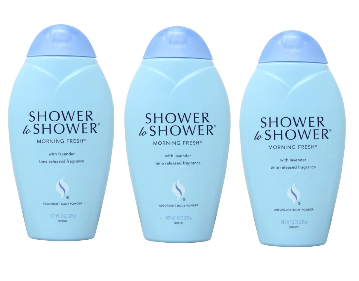 Shower To Shower Morning Fresh Body Powder 8oz 3pack on display for daily freshness.
