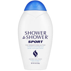 Shower To Shower sport powder bottle being poured for long-lasting freshness