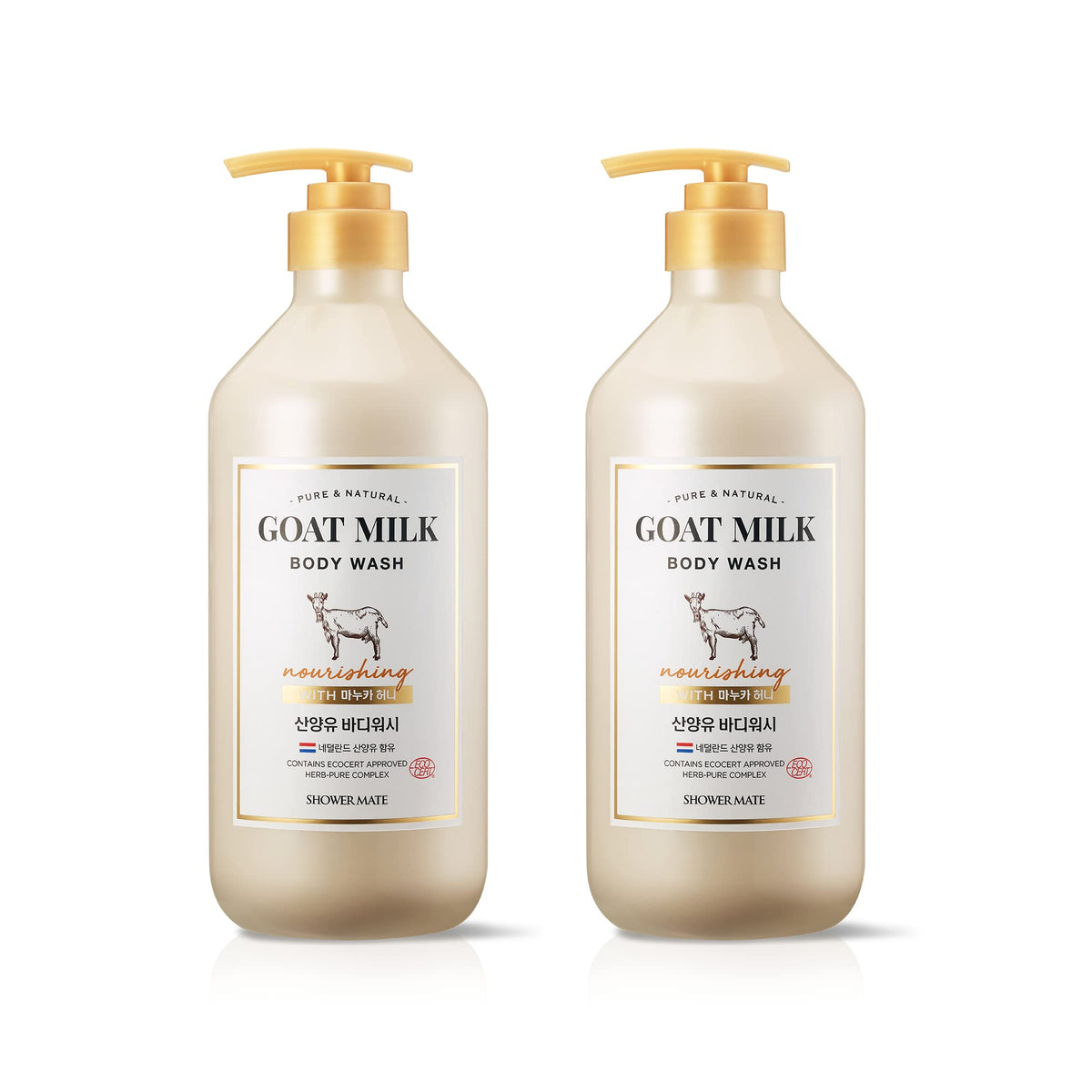 SHOWERMATE Goat Milk Body Wash bottle pour for a hydrated, cleansing experience