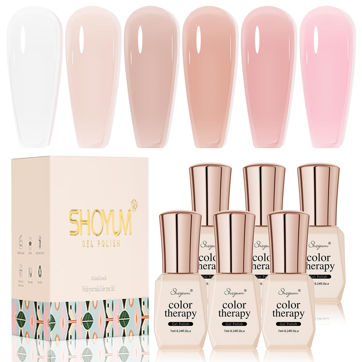 SHOYUM Esmalte gel nude pink: conjunto de 6 tonos para manicura diaria en casa.