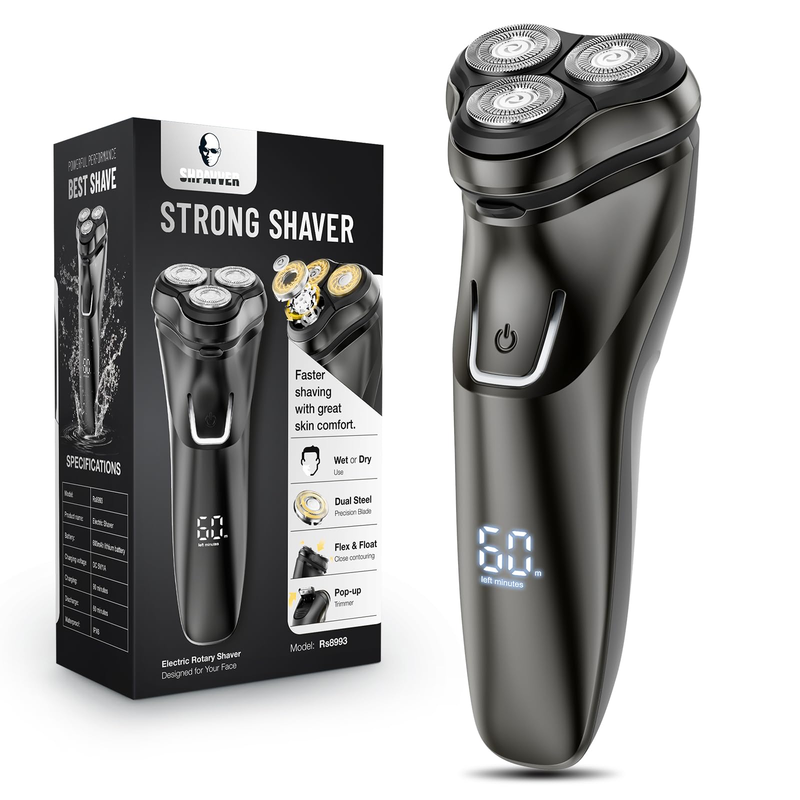 SHPAVVER electric razor in silver black closeup for a smooth, comfortable shave.
