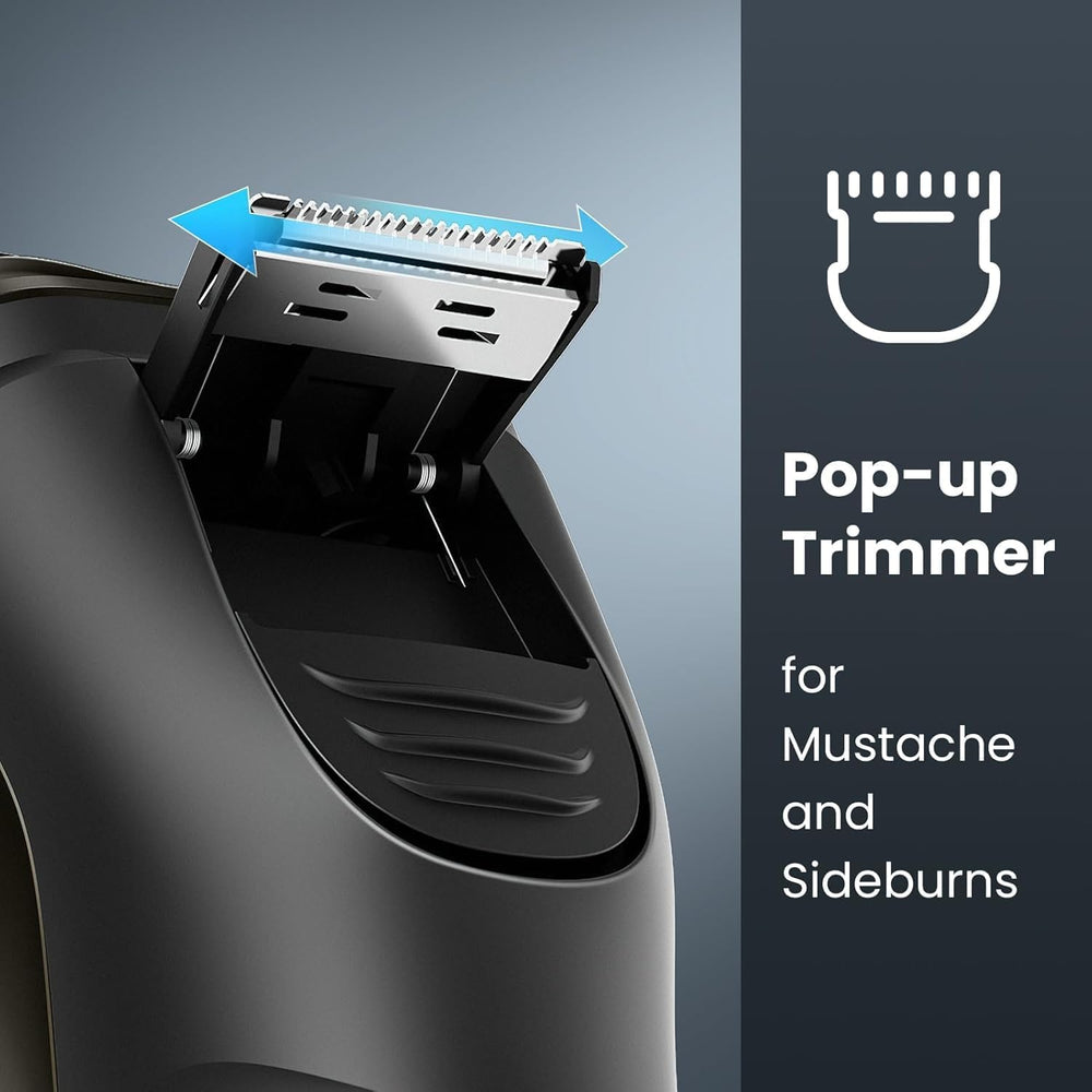 SHPAVVER pop-up trimmer detail image shows precise edging for sideburns and neckline.