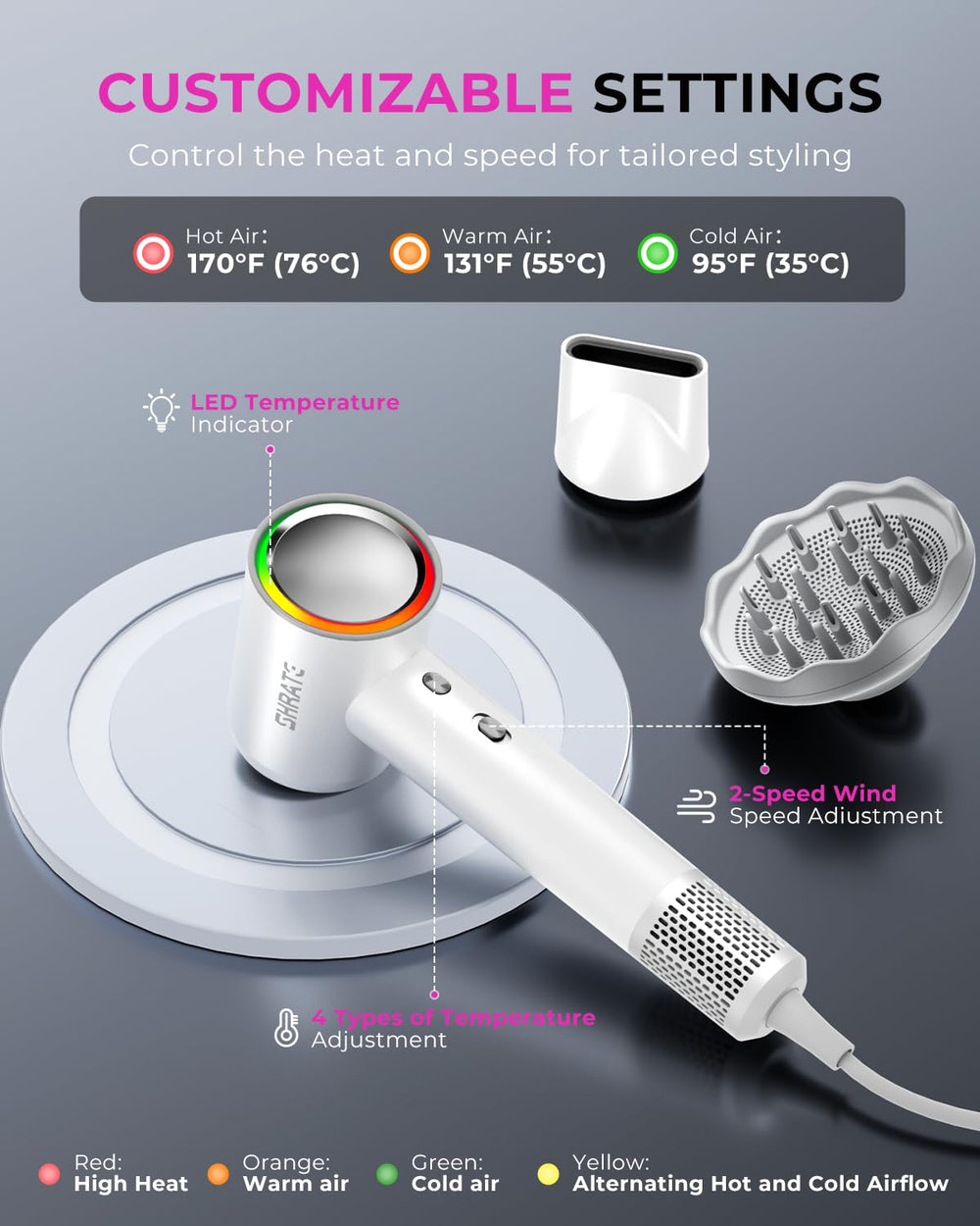 SHRATE dual heat and speed settings for flexible styling options.