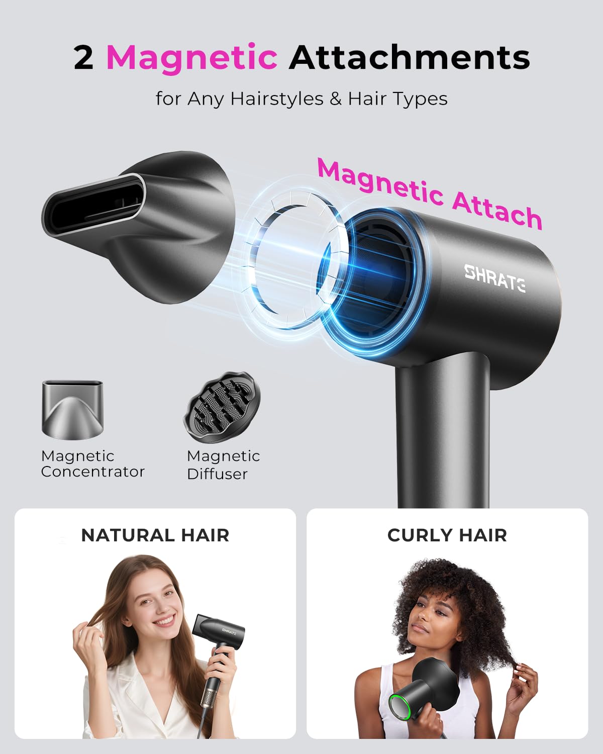 SHRATE dual heat and speed settings adapt to hair texture.