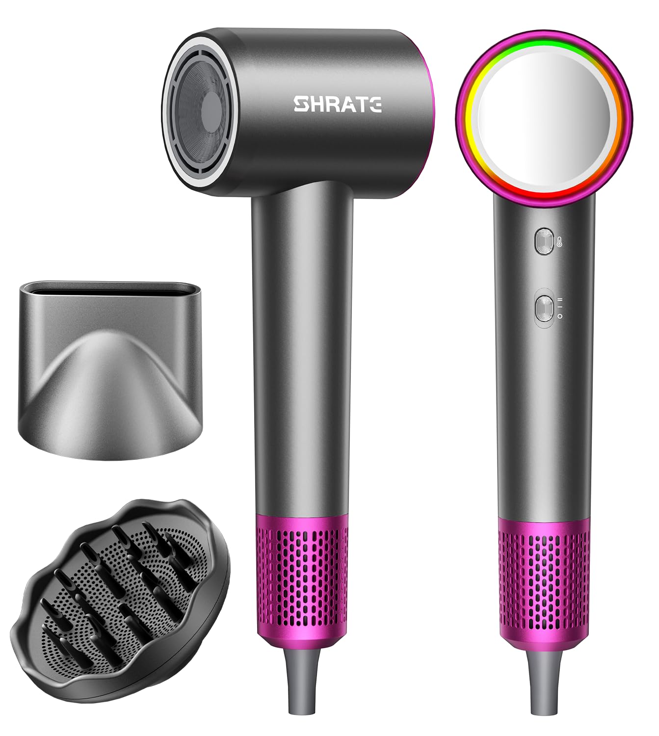 SHRATE high-speed ionic hair dryer front view for quick drying and portable use.