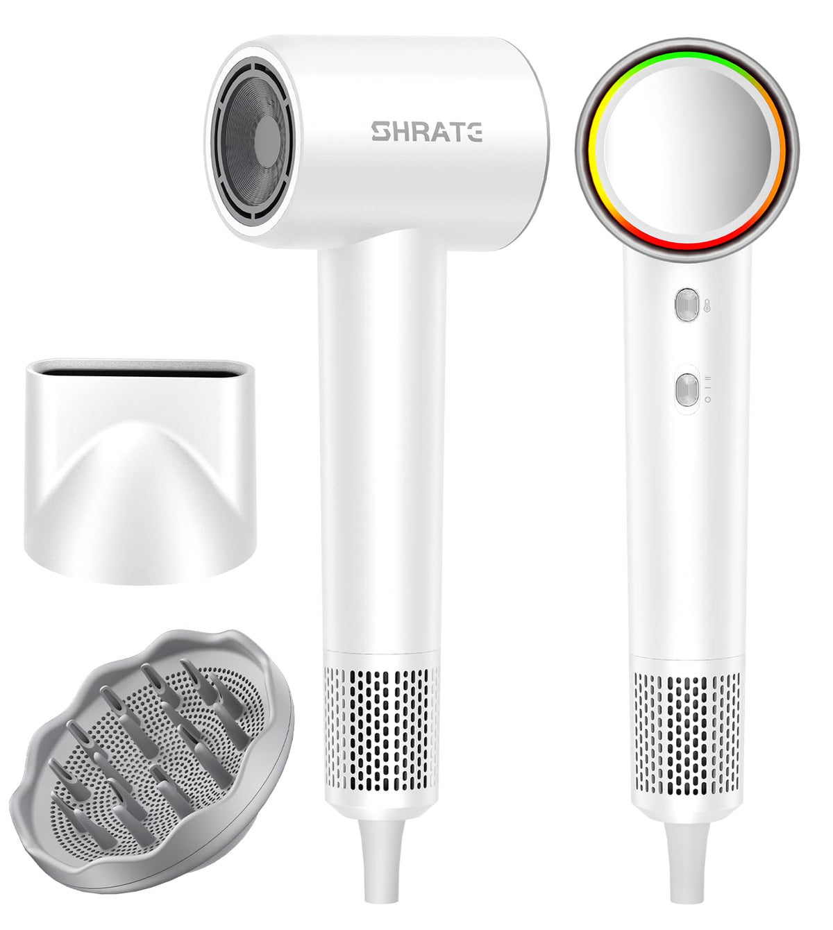 SHRATE professional hair dryer front view, compact and travel-ready for quick drying.