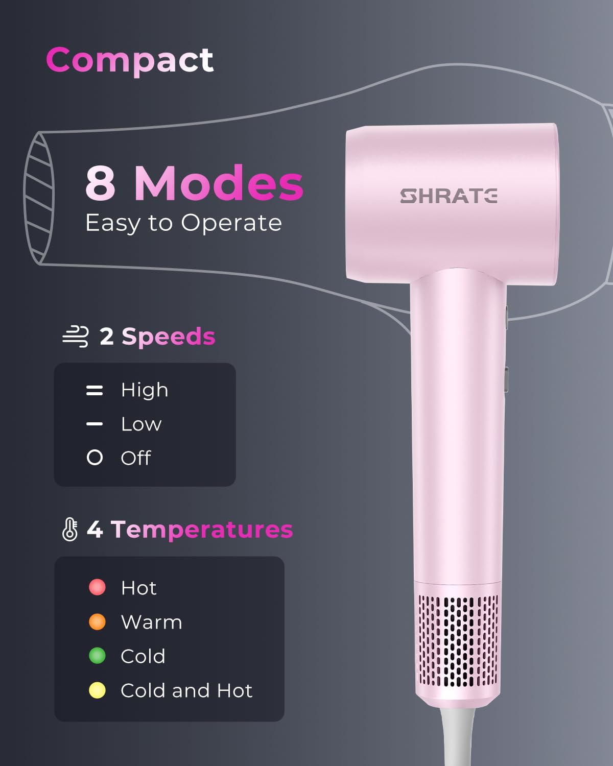 SHRATE travel-friendly dryer with compact design and diffuser