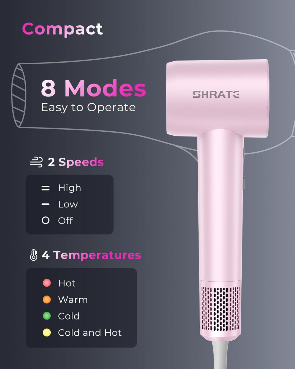 SHRATE travel-friendly dryer with compact design and diffuser