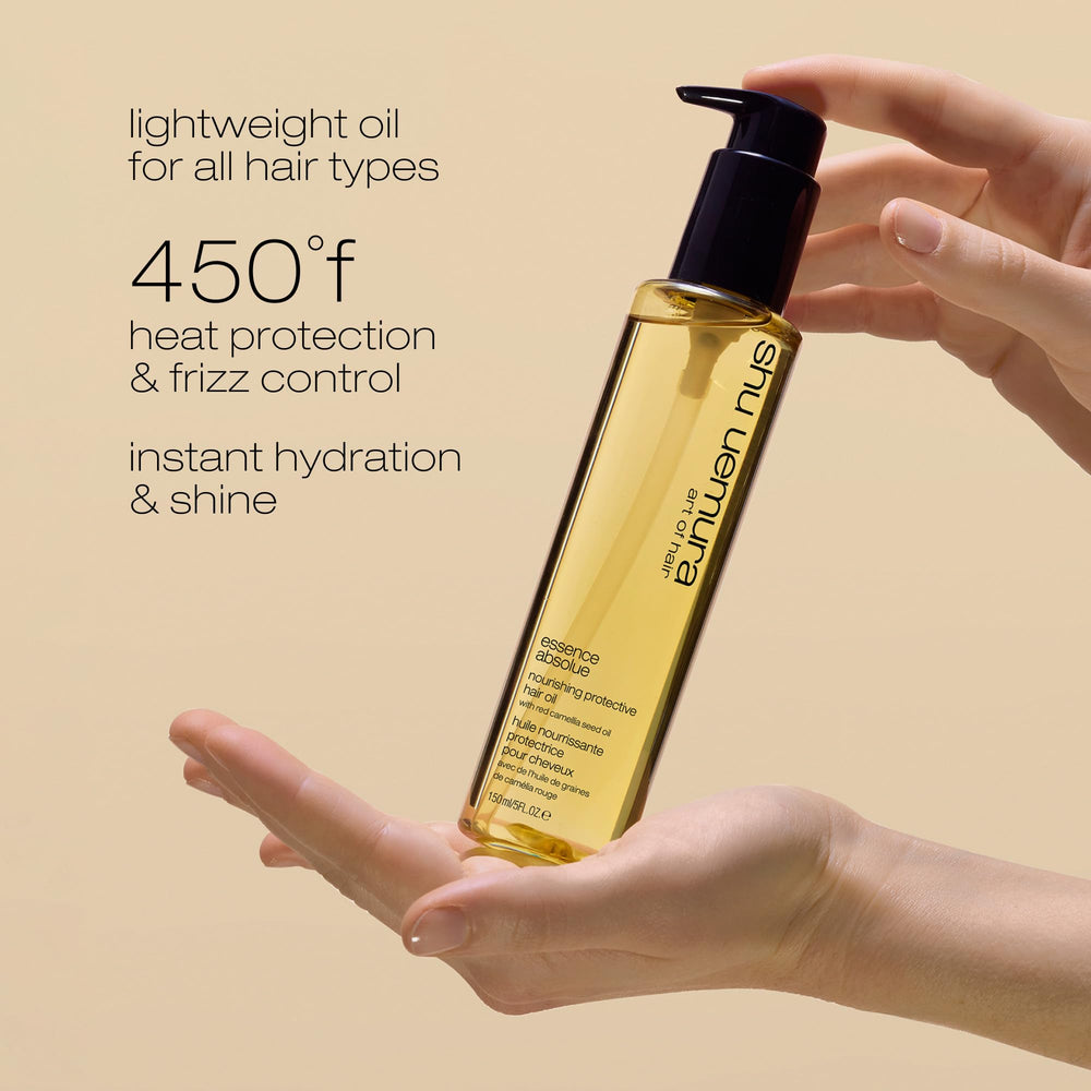 shu uemura Essence Absolue close up showing luminous shine on hair