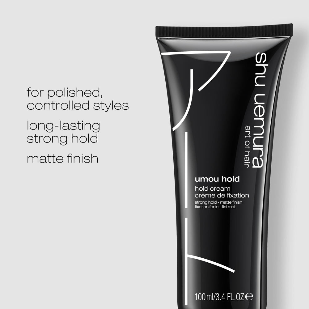 shu uemura umou hold application being smoothed through damp hair for polished slicked-back style