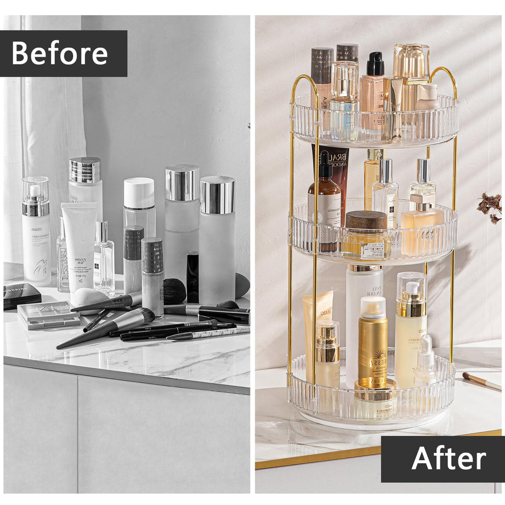 Shuang Qing clear countertop organizer displays cosmetics neatly and accessibly.