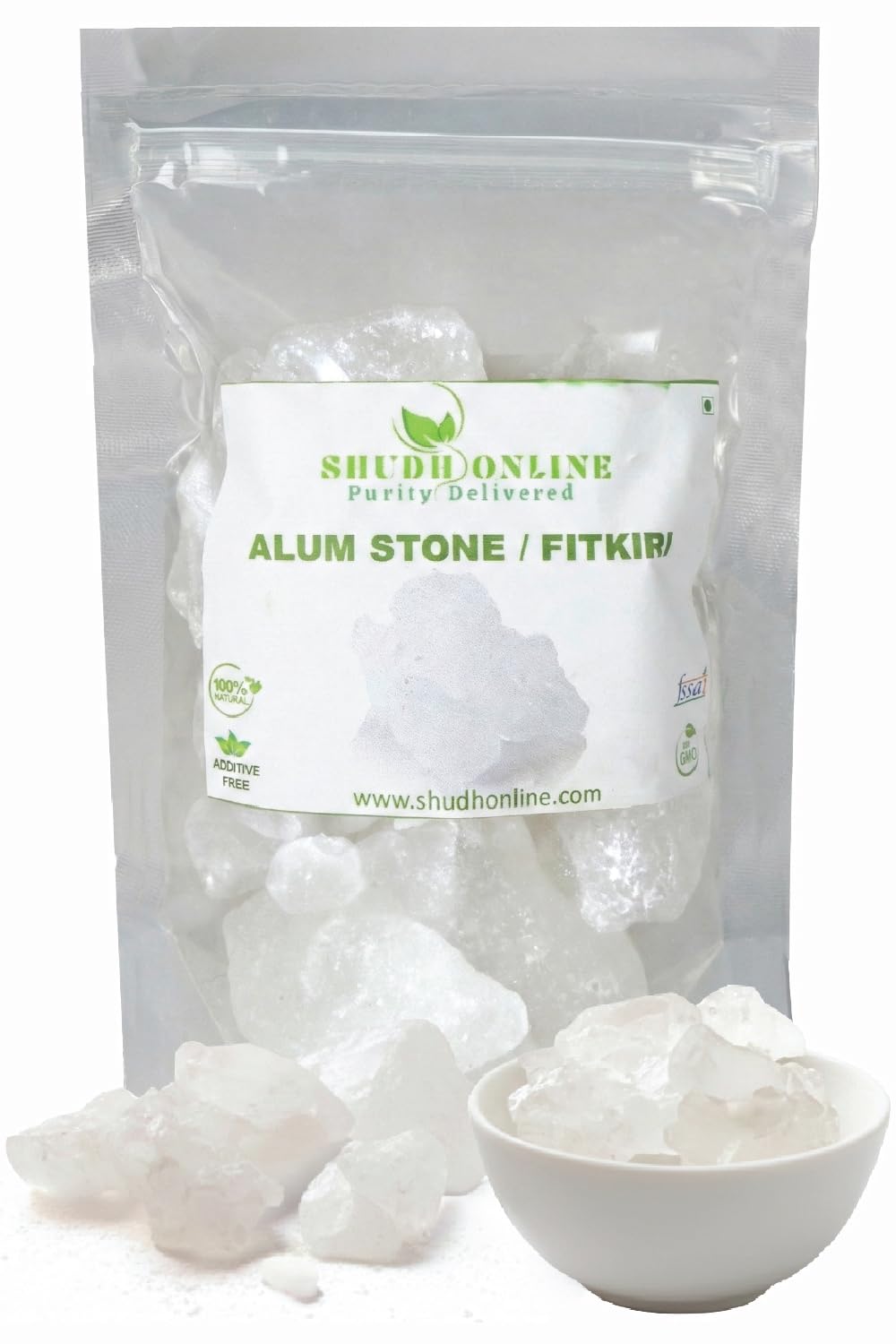 Shudh Online alum stone for face, natural mineral surface for facial care.