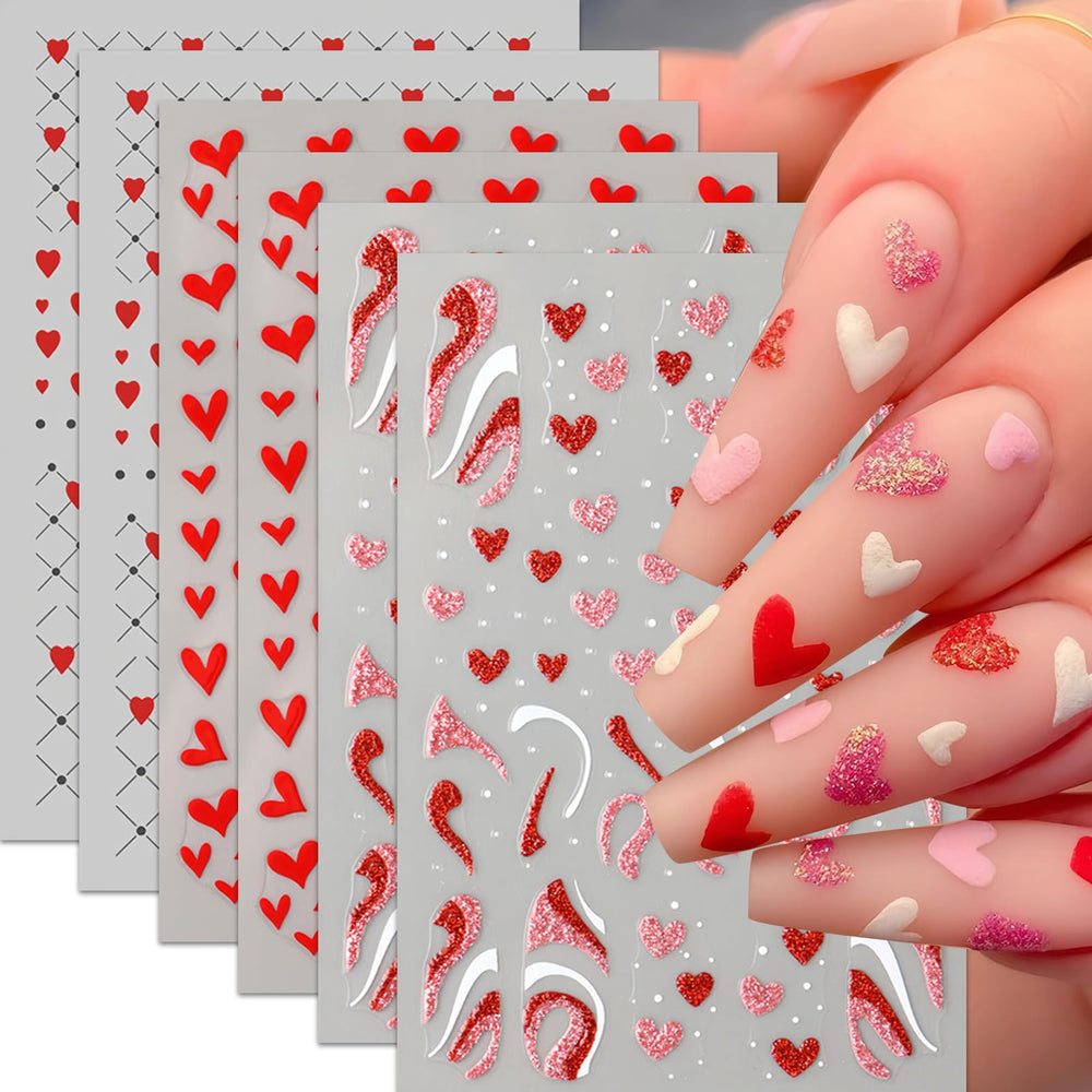 SHUXILIN seis hojas de corazones brillantes para uñas, ideal para decoraciones rápidas.