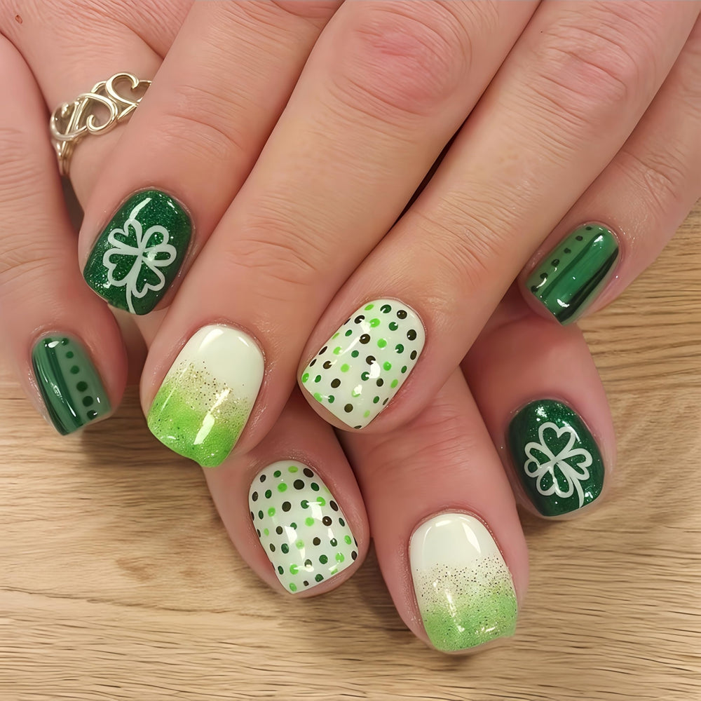 SHUXILIN St Patrick's Day press-on nails in square green glitter shamrocks for quick at-home manicure.