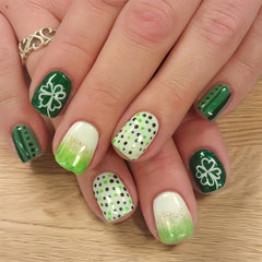 SHUXILIN St Patrick's Day press-on nails in square green glitter shamrocks for quick at-home manicure.
