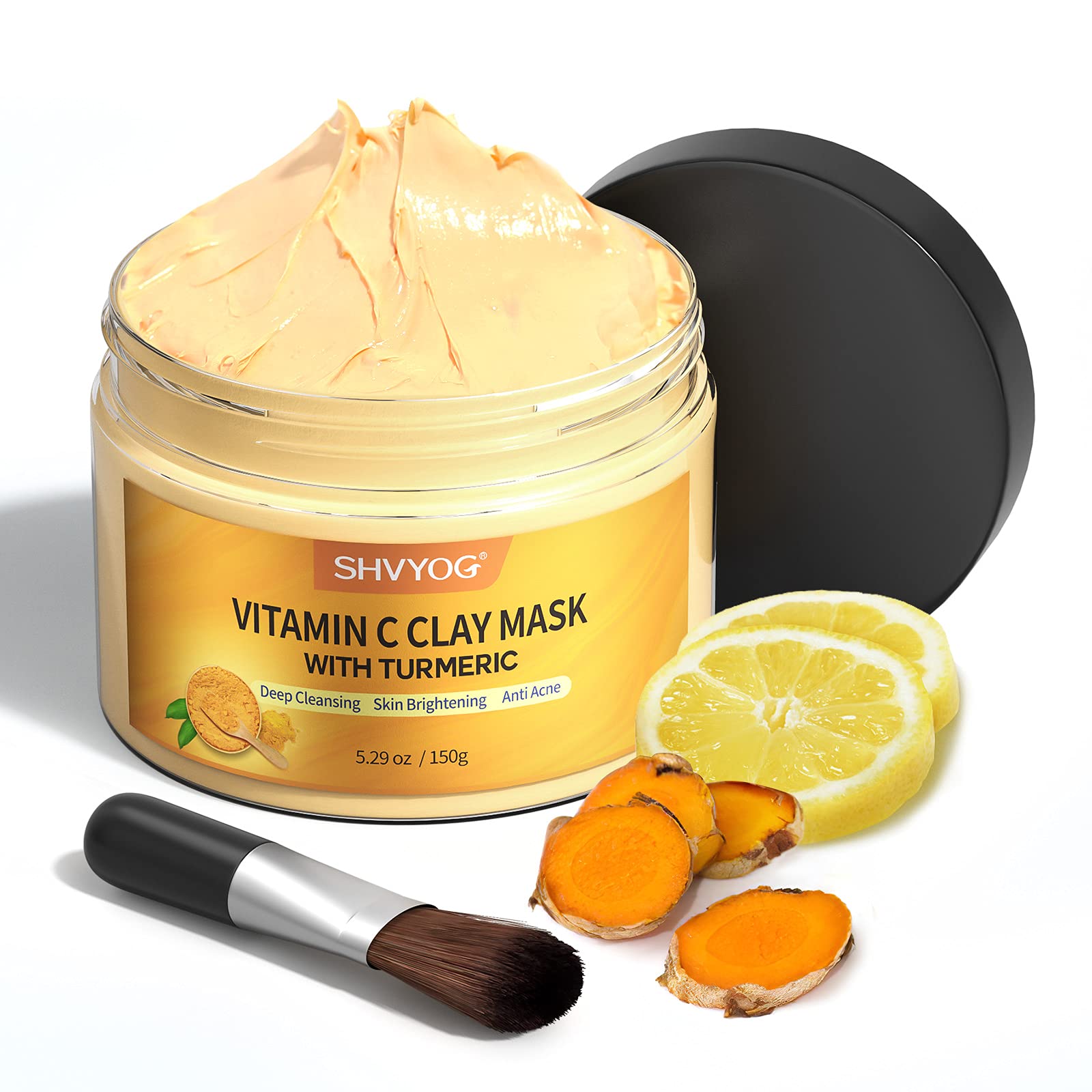 SHVYOG Mascarilla de arcilla Kaolín con cúrcuma y vitamina C, envase visible para limpieza profunda.