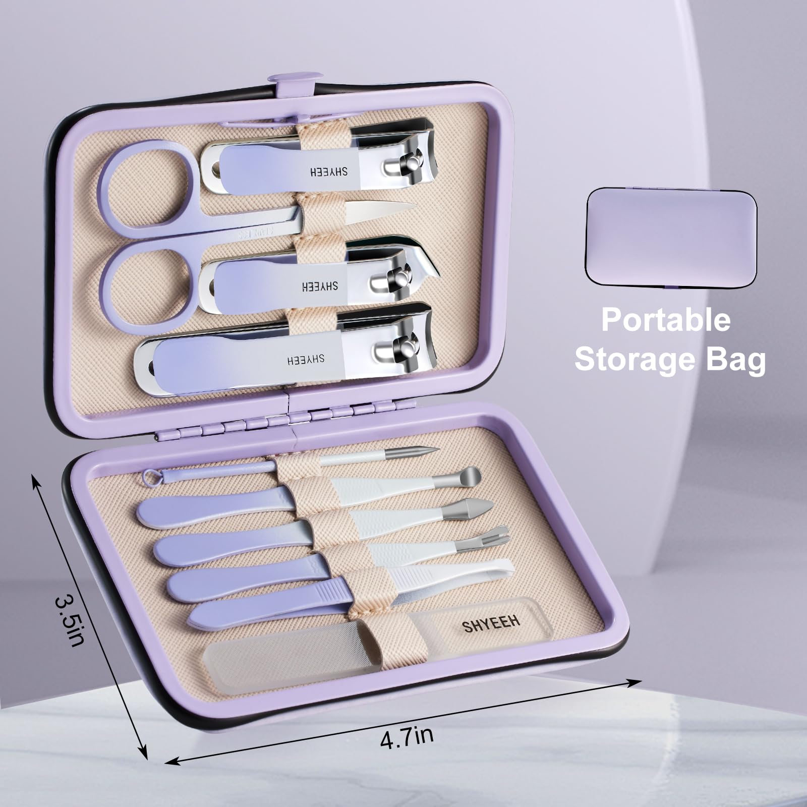 SHYEEH kit in bag usage shows convenient on-the-go nail care.
