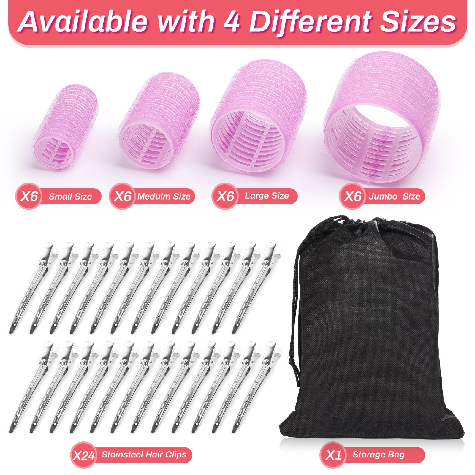 Shynek rose-red rollers in four sizes for varied curls
