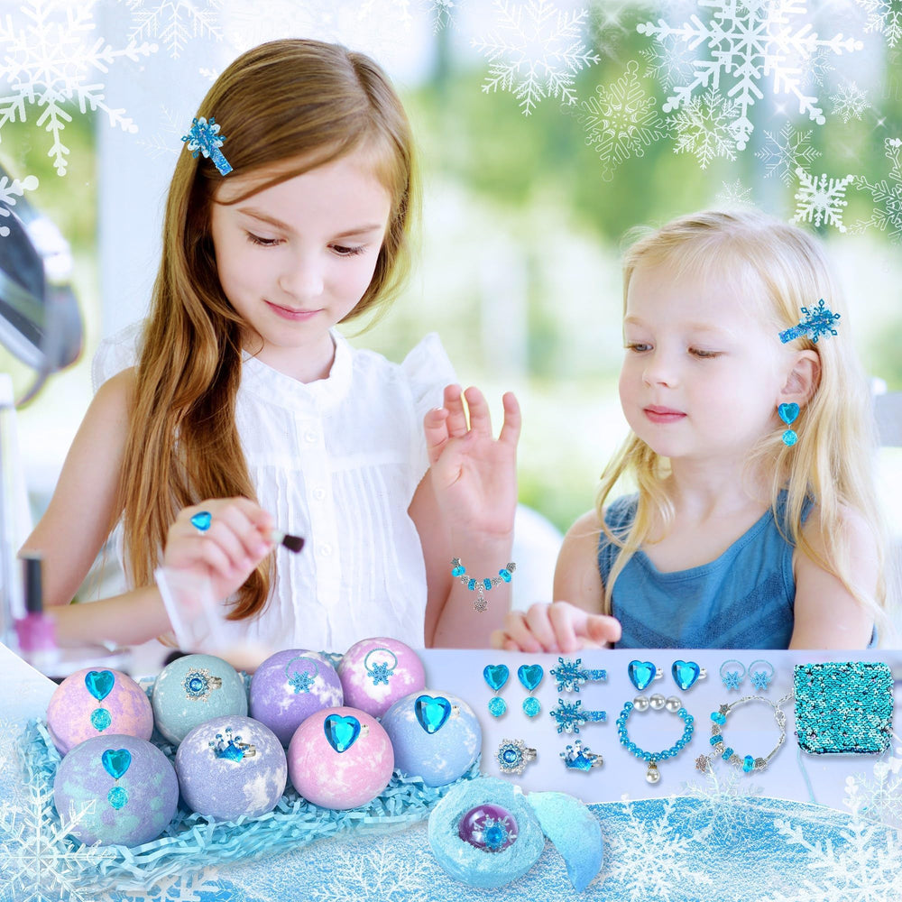 Delicate jewelry pieces safely nested within the bath bombs.