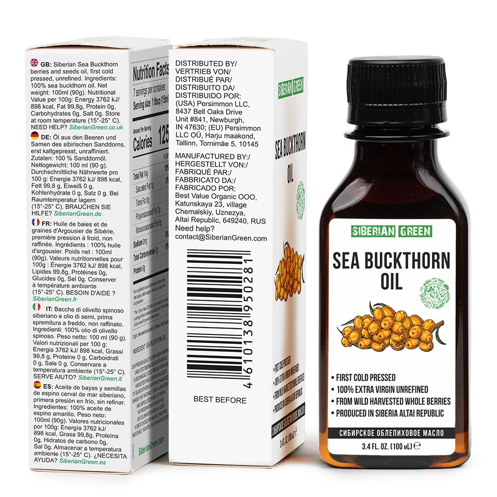 Aceite de espino marítimo Siberian Green apto para cocinar y uso alimentario.