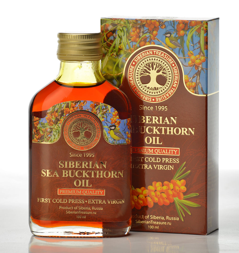Siberian Treasure Aceite de espino amarillo en bote de vidrio, puro y natural para uso diario